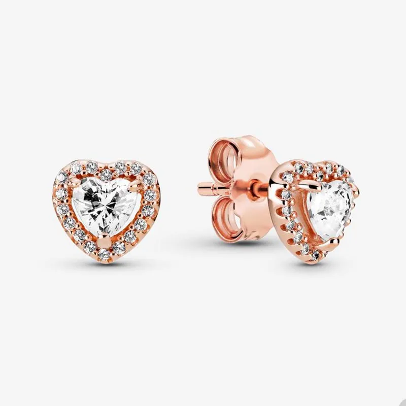 18 K Rose Gold Yükseltilmiş Kalp Saplama Küpe Pandora için 925 Gümüş Düğün Küpe Seti tasarımcı Takı Kadınlar Için Orijinal Kutusu ile Kristal elmas küpe