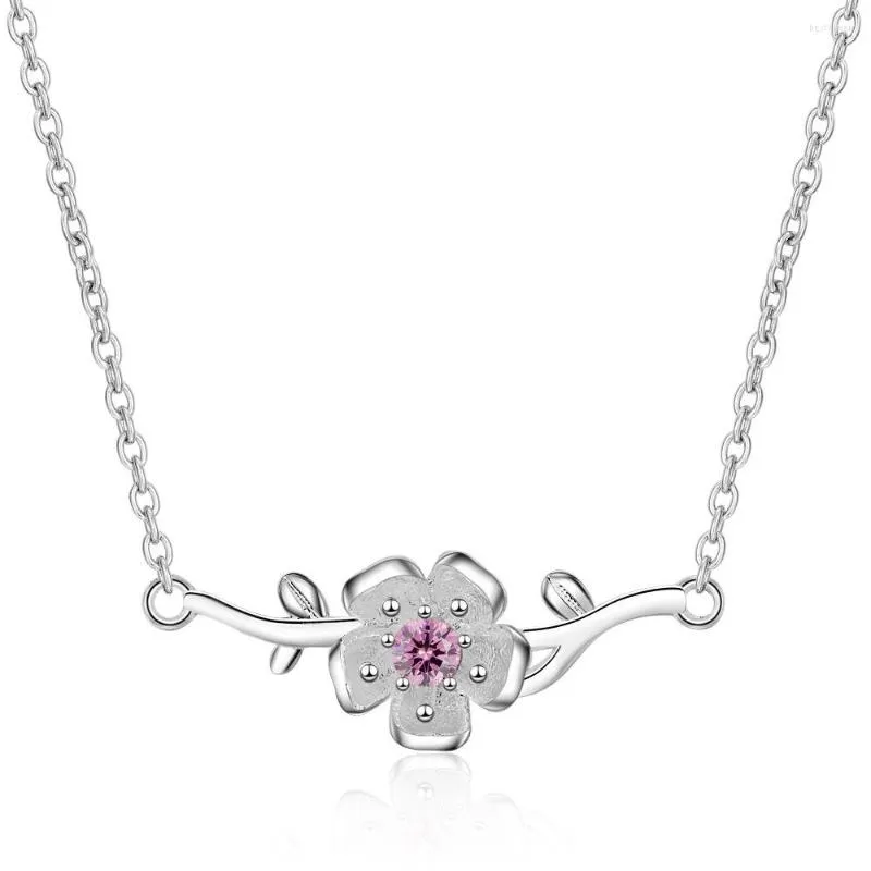 Chains Pink Flower Silver Color Crystal Dainty Necklace For Women Female Korean Pendant Chain Fashion Jewelery 2023 Accesories