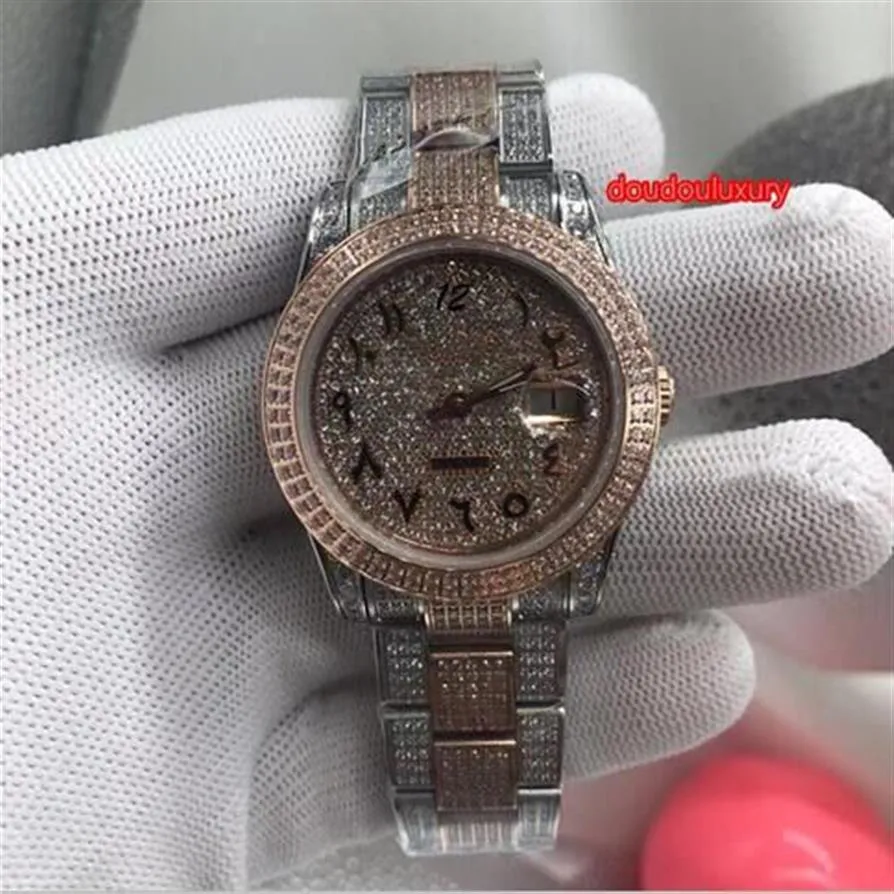 Orologi di moda con diamanti da uomo Quadrante con diamanti in oro rosa Scala numerica araba Orologio da uomo di tendenza Calendario automatico Mechan273O