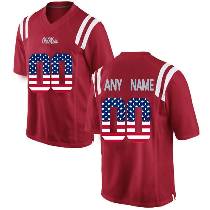 Custom Ole Miss Rebels Jerseys Aangepast Men College White Blue Red Us Vlag Fashion volwassen maat American Football Wear Stitched Jersey