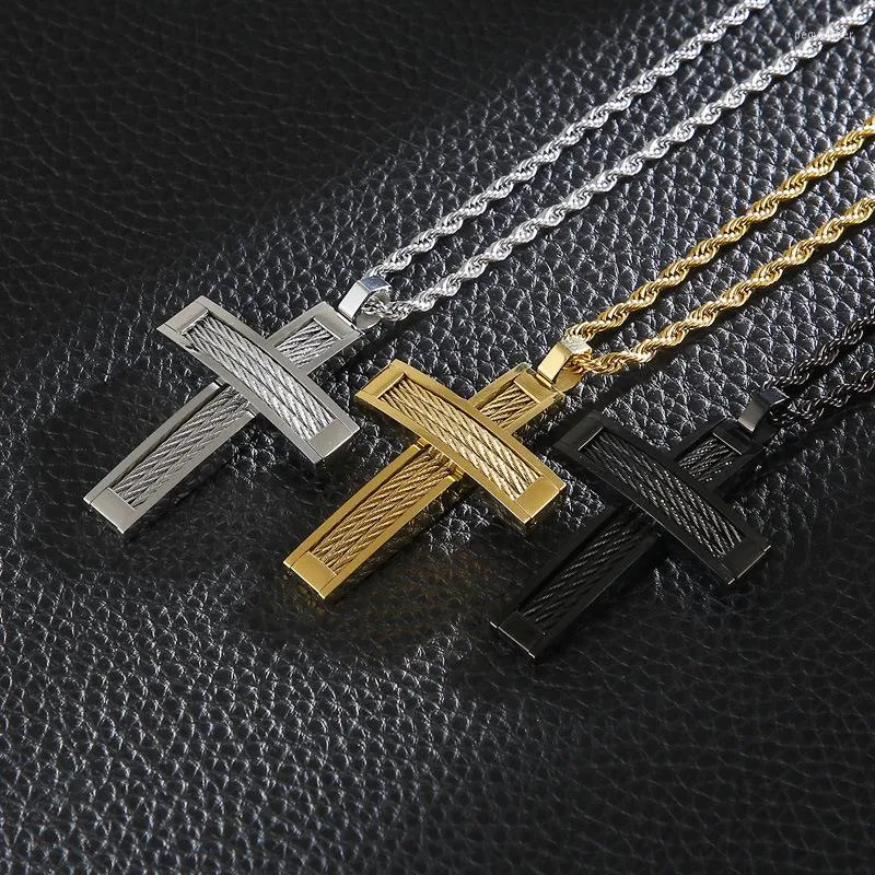 Anhänger Halsketten Europäischer und amerikanischer Herrenschmuck Persönlichkeit Kreativer Hip-Hop-Drahtkreuz Titanstahl