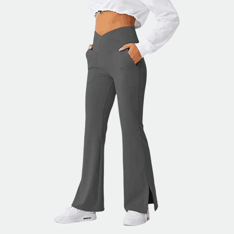 Women's Leggings SALSPOR V Waist Fitness Flared Legging Solid Cross Waist Pocket Slit Butt Lift Slim Trousers Women's Long Legs 230520