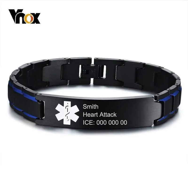 Bracelets Vnox gravure gratuite 12mm alerte médicale ID Bracelets pour hommes acier inoxydable mâle Pulseira Type 1 diabète warfarine