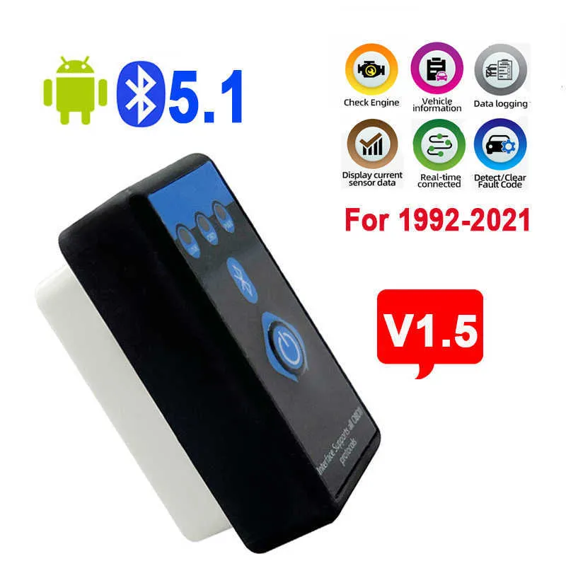 Bluetooth 5.1 ELM327 V2.1 Auto OBD2 Scanner Car Diagnostic Tool Code Reader  Tool Super MINI ELM 327 V1.5 For Android