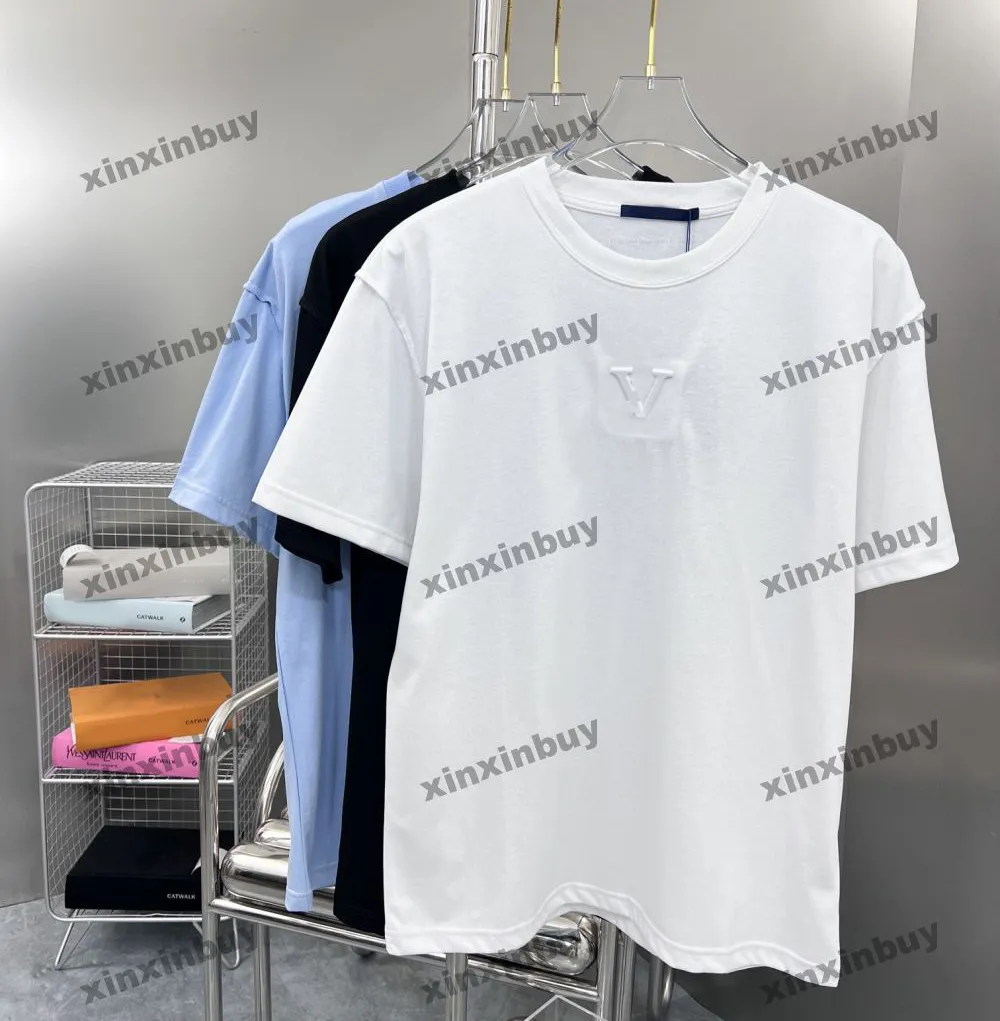 xinxinbuy Camiseta de diseñador para hombre 23ss estampado de letras en relieve manga corta algodón mujer negro blanco azul M-2XL