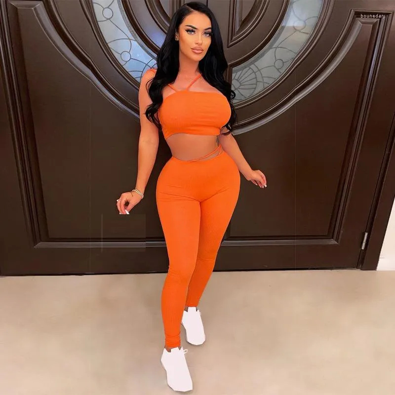 Kvinnors tvåbitar byxor Fuda Soild Workout Knit Ribbed Women Set Outfits Sweatsuit 2023 Summer Crop Top and Leging Matching Tracksuit