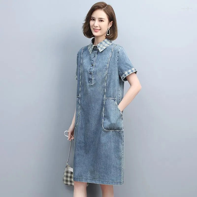 Summer Casual Denim Dress Plaid Turn Down Collar Patchwork Pockets Short Sleeve Jeans One Piece for Women