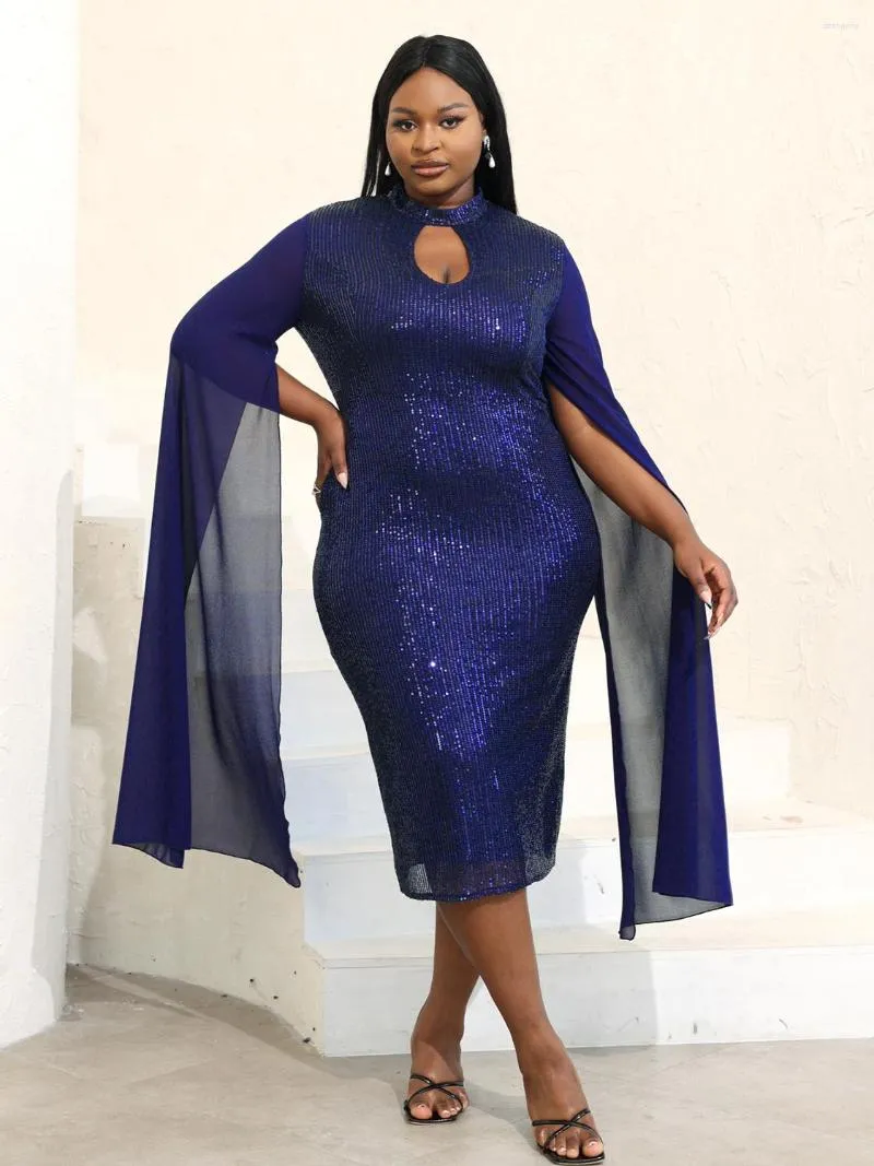 Casual Dresses AOMEI Women Navy Party Dress Sequin Glitter Evening Cloak Sleeve Stand Neck Cut Out Bodycon Shiny Vintage Classy Birthday