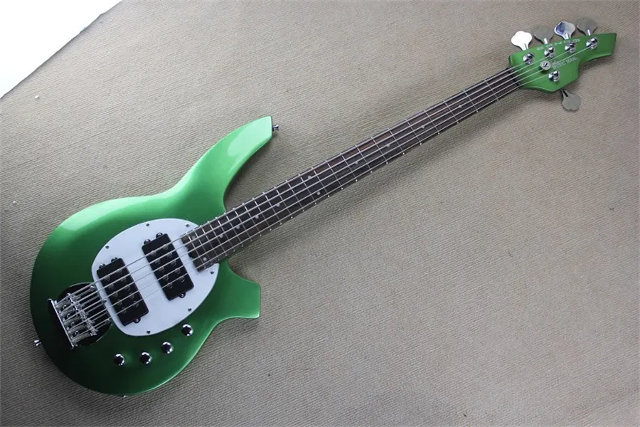 Sklep niestandardowy Bongo 5 strings muzyka elektryczna gitara basowa metaliczna zielona muzyka Ernie Ball Sting Ray 9V Bateria HH Aktywne drut czarny sprzęt