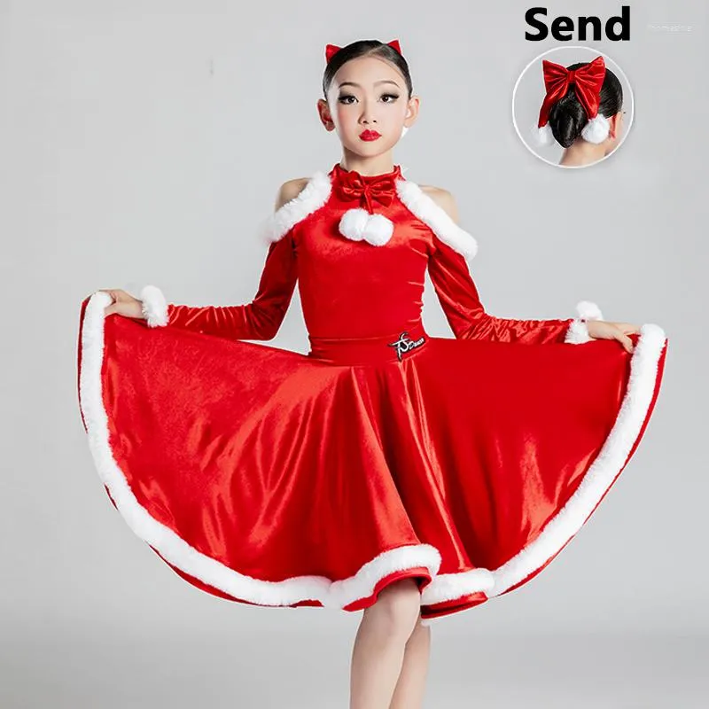 Vêtements de scène 2023 fête robe de danse latine vêtements de salon pour enfants filles velours rouge Salsa Tango Chacha SL6023