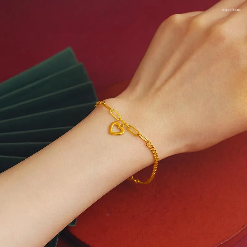 Brazalete de oro auténtico de 18k con forma de campana de la suerte, pulsera con forma de corazón y amor para mujer, novia, compromiso de boda, regalos de joyería exquisitos