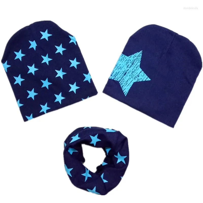 Berets Star Print Children Collar Cap Cotton Baby Scarf Hat 3pcs Set Spring Kids Beanies Boys Girls Crochet Sets
