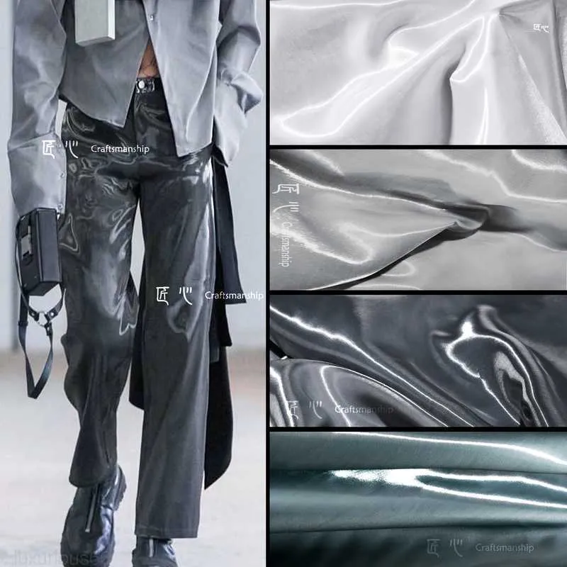 Men's Pants 0.5m Gray Liquid Reflective Fabric Crystal Trench Coat Pants Smooth Flash Wedding Dress Clothing Designer Fabrics half meter