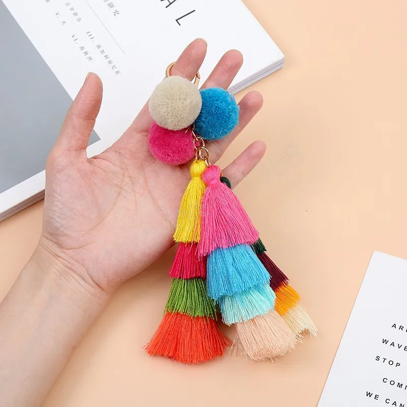 Bohemian Pom Pom Tassel Keychain Fake Rabbit Fur Ball Key Chain Pompon Fluffy Bag Accessories Keyring Key Holder