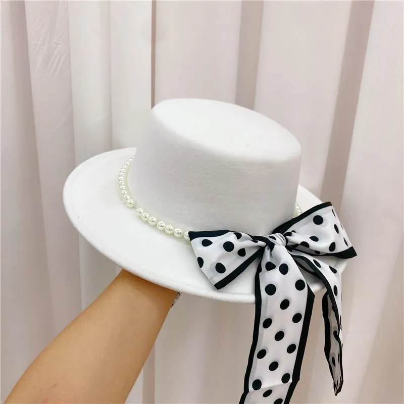 Skąpy brzegowe czapki 202309-DUDU Autumn Winter Wool Blended Pearl Dot Bowknot Lady Fedoras Cap Women Leisure Panama Jazz Hat