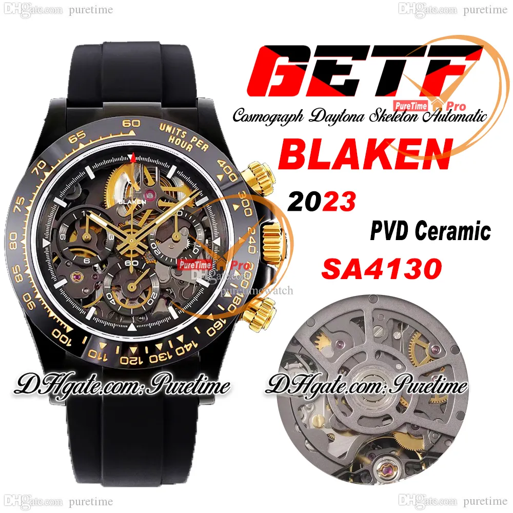 GETF Blaken SA4130 Automatik-Chronograph Skeleton Gold Dial Herrenuhr PVD 904L Stahl All Black Rubber Strap Super Edition Reloj Hombre Montre Uhren Puretime A1