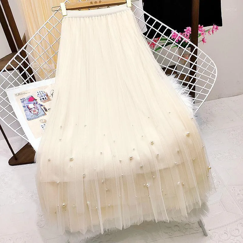 Jupes Tulle femmes industrie lourde perles mode jupe 2023 taille haute femmes plissée Midi a-ligne Style coréen
