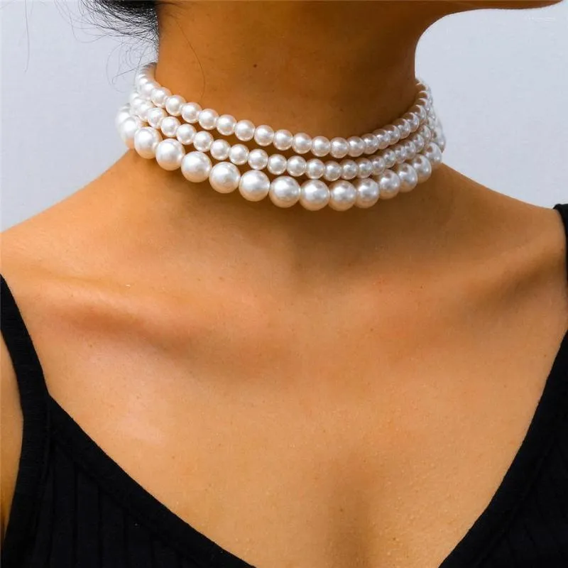 Choker Pearl Necklace Fashion Multilayer White Imitation With Metal Slice Fixation Wide Bib Jewelry For Charm Women