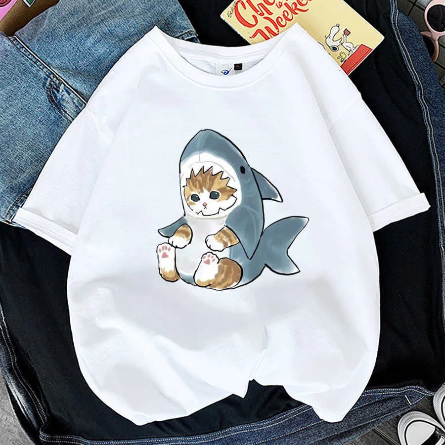 T shirt märke sommar mode kawaii katt kvinnor haj tryck rolig t-shirt tjej djur y2k 90-talet toppar tee gril svart vita kläder droppfartyg