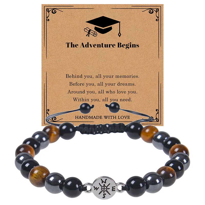 Cadeau de graduation Bracelet en perles de pierre de cristal naturel Bracelet de boussole Fournitures de graduation scolaire