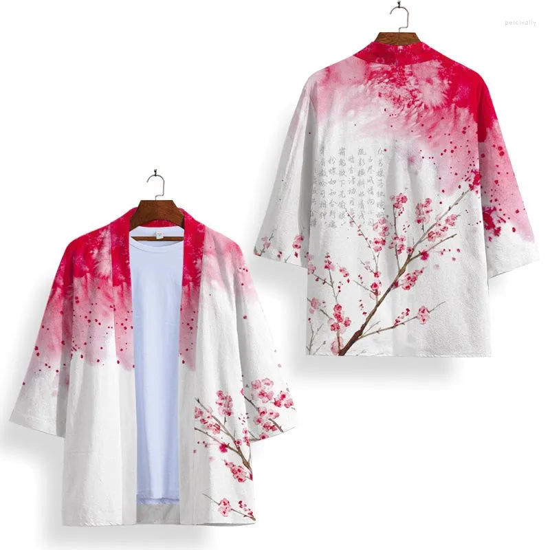 Ethnic Clothing Chinese Style Cardigan White Plum Blossom Print Kimono And Shorts Set Cosplay Harajuku Women Man Yukata Jacket Streetwear