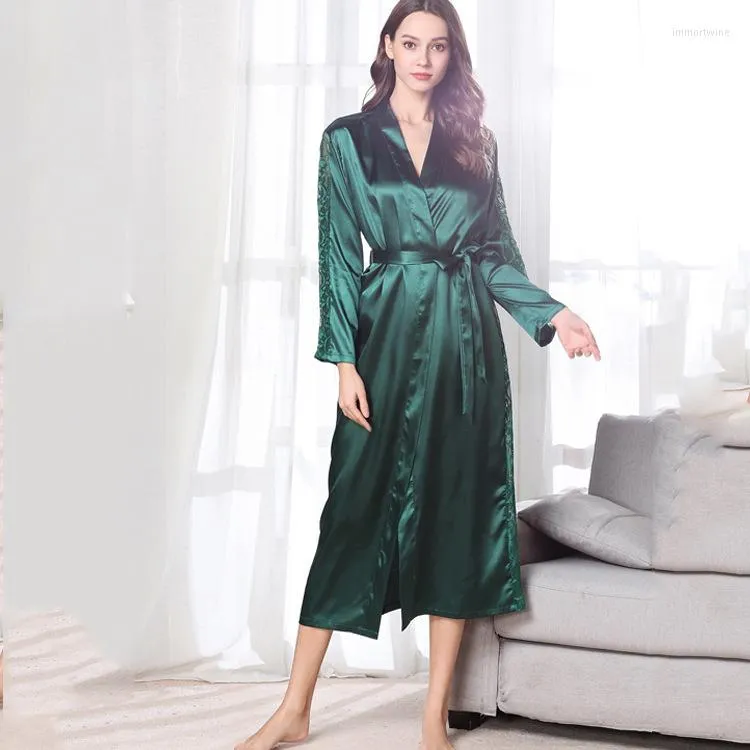 Roupa de sono feminina Long Green Robe elegante renda de renda de roupas caseiras gelo gelo seda dama de noiva vestido de banho de casamento kimono loungewear femme