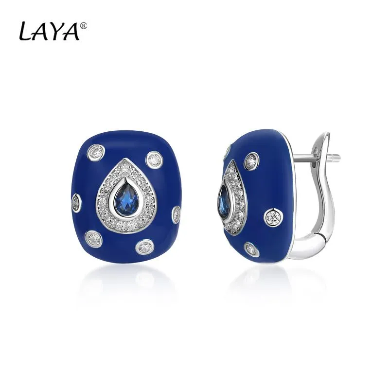 Stud 925Sterling Silver Fashion Retro Style High Quality Zircon Synthetic Crystal Blue Enamel Clip Earrings For Women Classic Jewelry