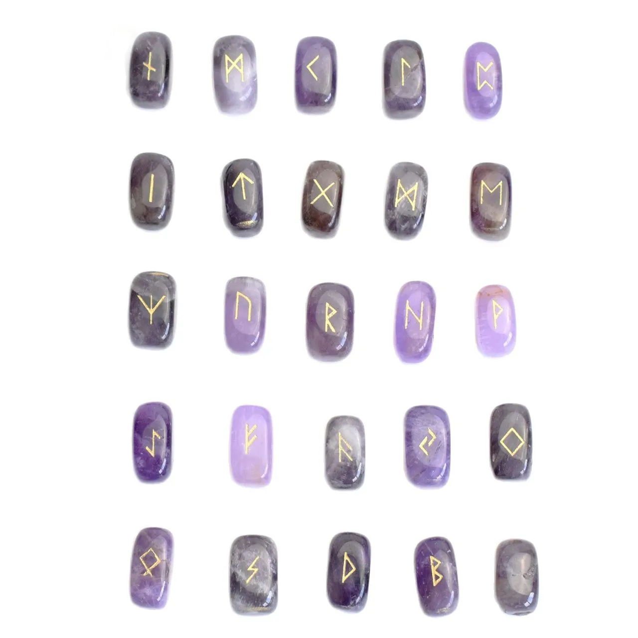 0.6 x 0.4 INCHES Mini Size Natural Amethyst Quartz Amazonite Engraved Pagan Lettering Wiccan Rune Stone Set