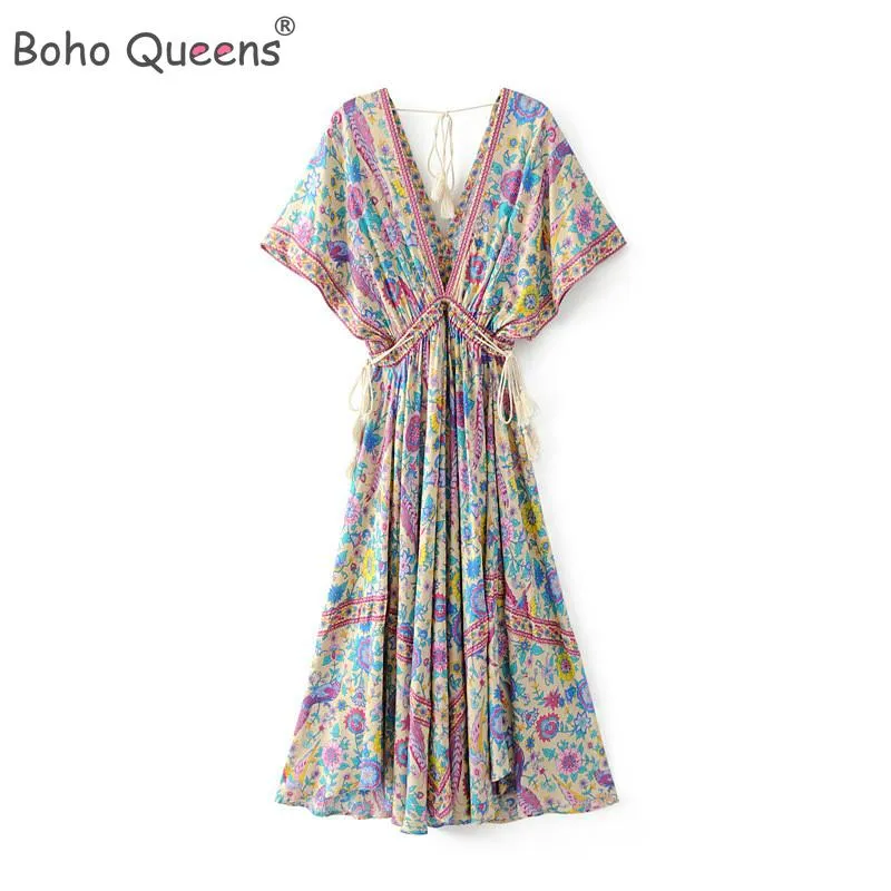 Jurken Boho Queens Vrouwen Pauw Bloemenprint Vleermuis Mouw Strand Bohemian Maxi Jurken Dames V-hals Kwastje Zomerjurk vestidos