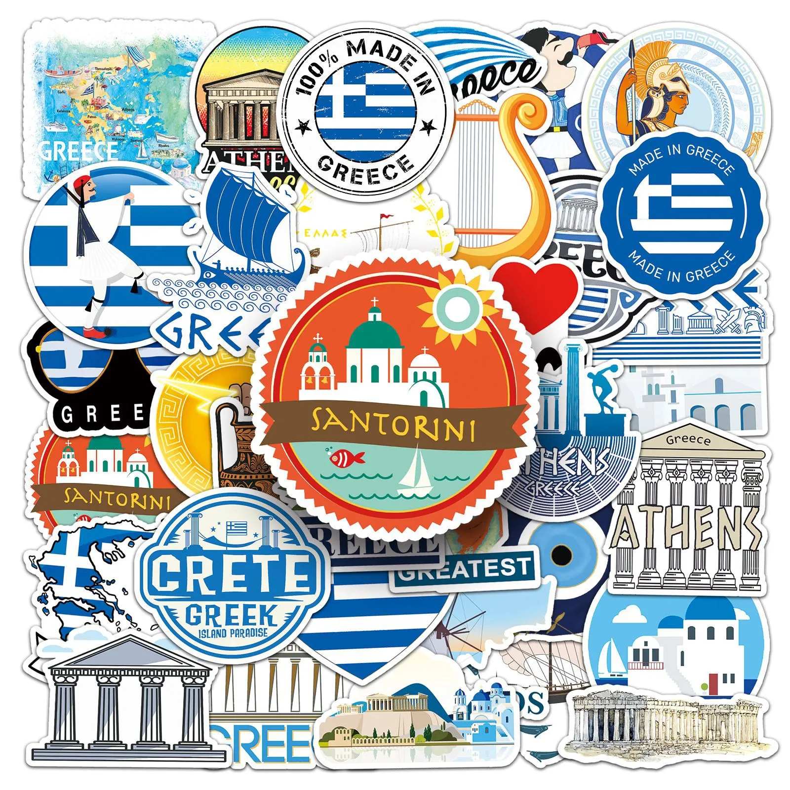 50Pcs Travelling Greece Stickers Pack Waterproof Vinyl Stickers Non-random for Car Bike Luggage Laptop Skateboard Scrapbook Water Bottle Decal