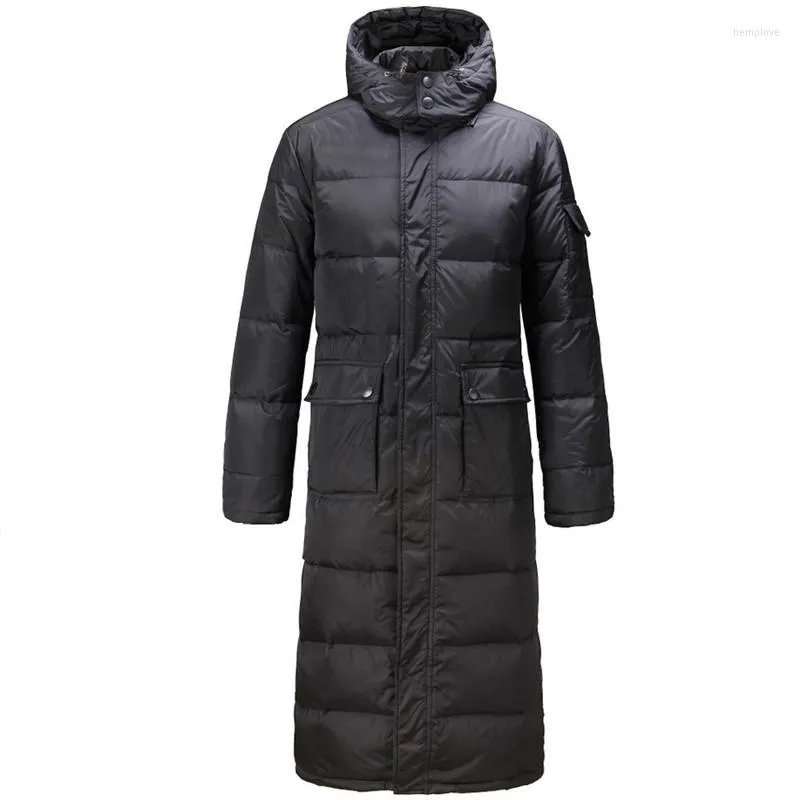 Hommes duvet à capuche Extra Long 90% canard pardessus hommes décontracté noir vêtements d'extérieur vestes mâle épais manteau mode bouffée veste JK-784