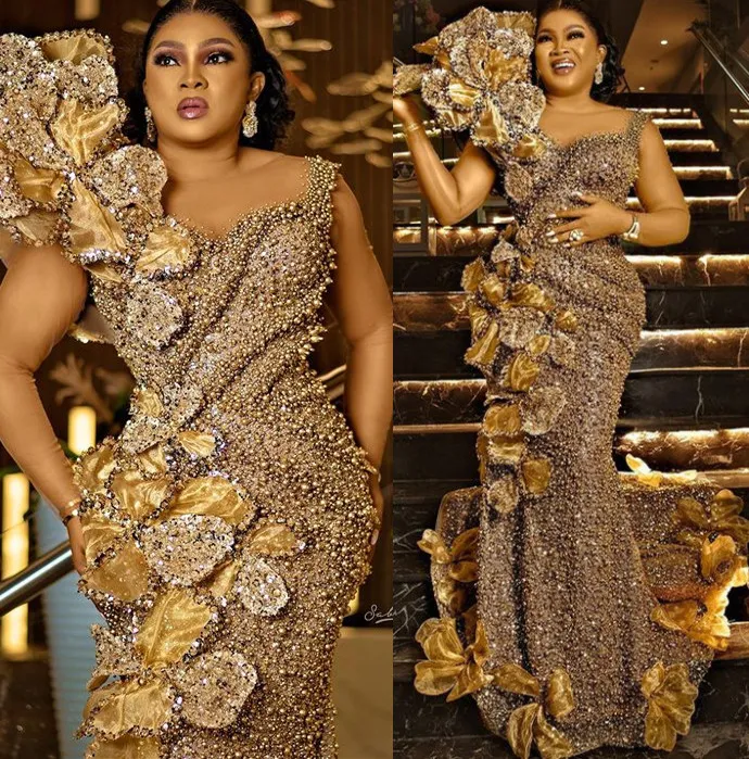 2023 AMVCA Aso Ebi Gold Mermaid Prom jurk Parels lovertjes Lace Evening Formeel feest tweede receptie verjaardag verlovingsjurken jurk robe de soiree zj300