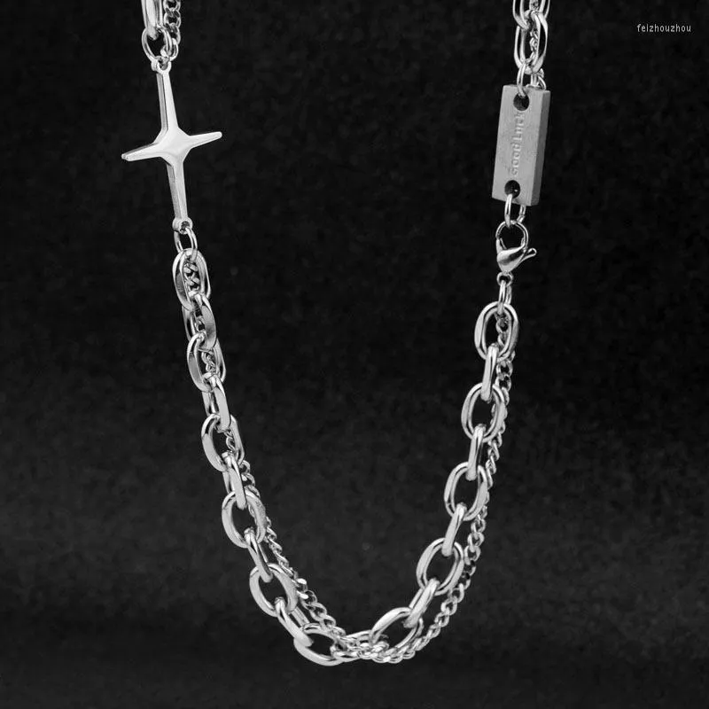 Chaînes Bonne Chance En Acier Inoxydable Collier Croix Pendentif Charme Double Couche Lien Chaîne Autour Du Cou Punk Accessoires Pour Hommes