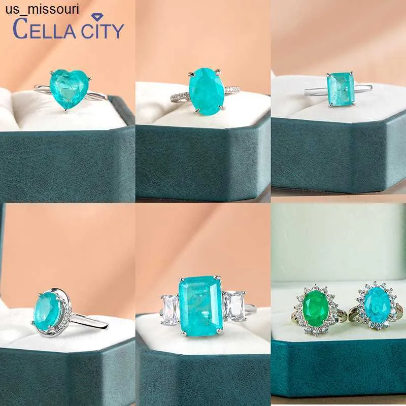 Pierścienie opaski Cellacity 925 Sterling Srebrny Big Blue Stone Syntetyczny Diamentowy Kamień Szmaragdowy Cut Paraiba Tourmaline Pariba Pierścień Fine Jewelry J230522