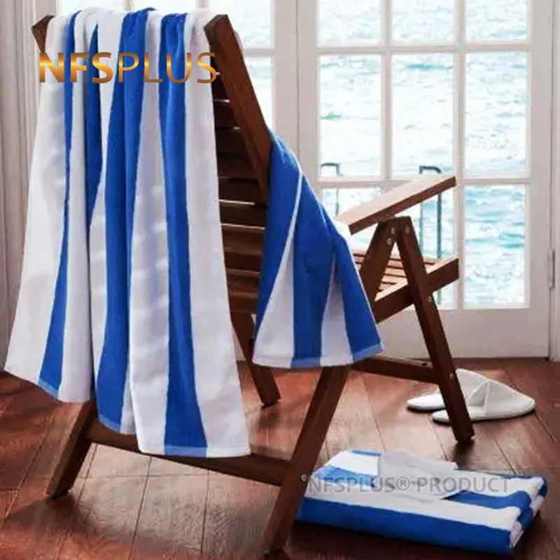 100% Cotton Beach Towel For Adults Oversized 80x150cm Thick Heavy Absorbent Terry Towel Blue White Striped Travel Bath Towel