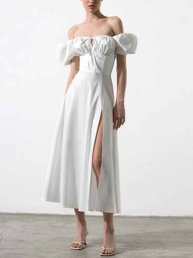 Off-Shoulder Sleeve White White Dress with Sleeves with Cut-Out Tie-Up and Side Split - Perfect for Summer Casual Wear in Asia - Style 230522