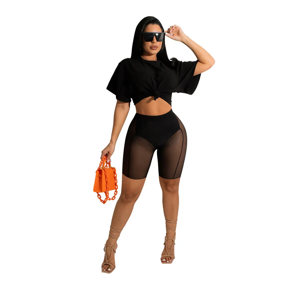 Women Tracksuits Sexy Mesh Two Pieces Sets Short Sleeve Loose Crop