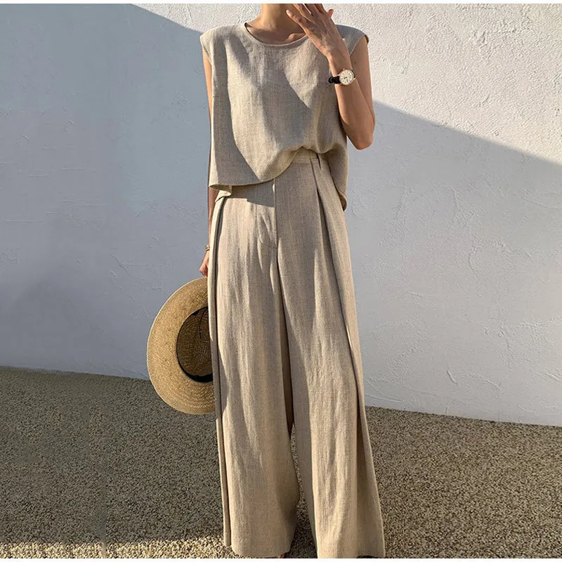 Dames Sweed Pant Cotton Linen Suits Summer Mouwess O Nek Tank Brede been Sets vrouwelijke mode casual Solid Loose 2305222222