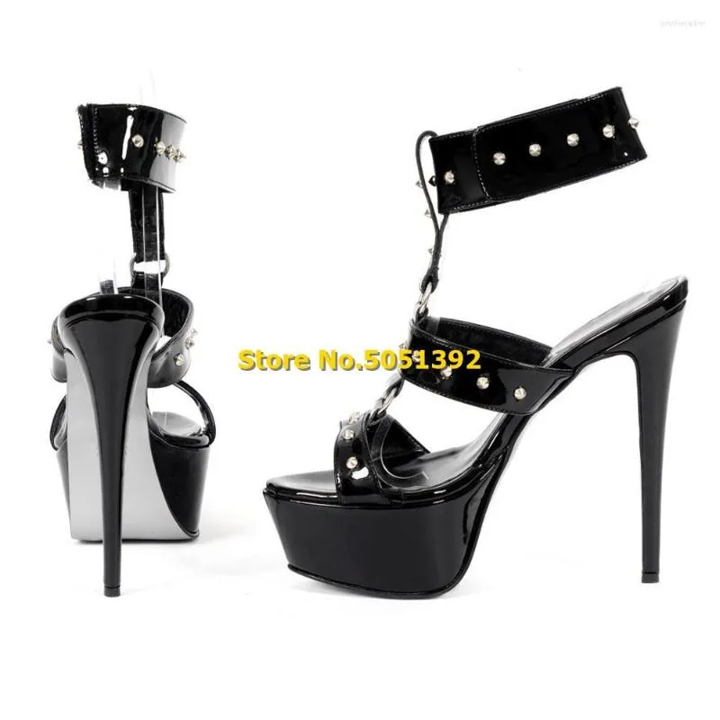 Sandals Rivet T Strap Platform Open Toe Multi-Buckle Black Patent Leather Stiletto Super High Heel Runway Women Fashion