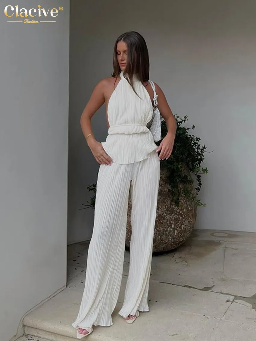 Kvinnor S Two Piece Pants ClaceVe Sexy Backless Tank Top Set Woman 2 Summer White Pleated Trouser Suits Female Elegant High midjebrett 230522