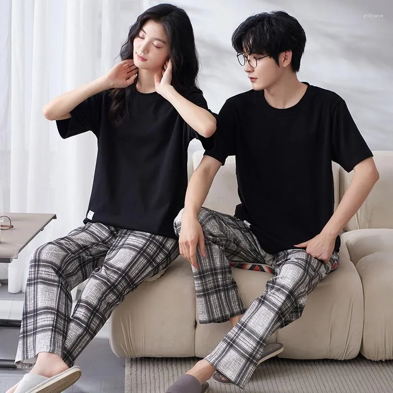 Mäns sömnkläder Plaid Par Bomull Summer Spring Home kläder för män/kvinnor Kort ärm Long Pant Nightwear Conneuntos de Pijama