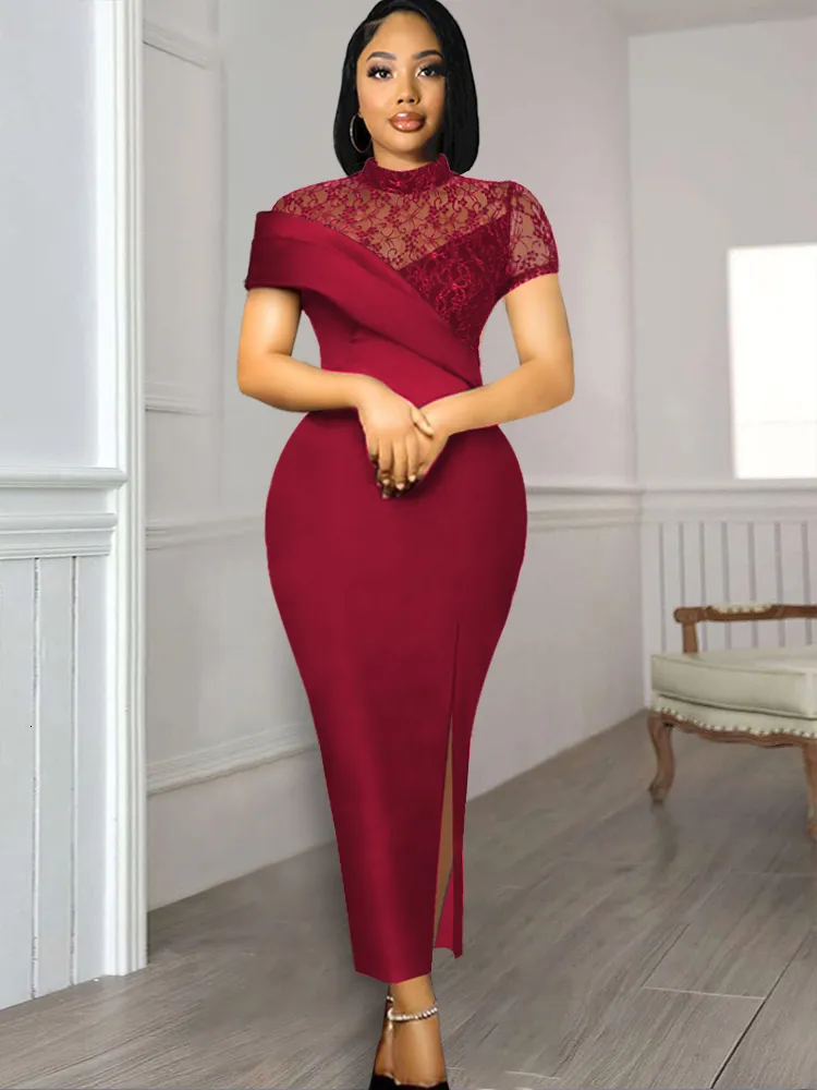 Grundläggande avslappnade klänningar svart lång prom High Neck Lace Patchwork Bodycon Women Evening Cocktail Club Party African Gowns Sexiga slitsade kläder 2023 230522