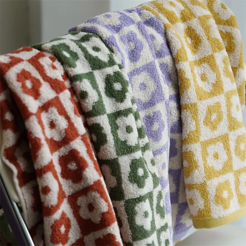 Grande serviette en coton rétro à carreaux fleurs serviette de bain serviette de ménage teint en fil doux absorbant visage serviette adulte serviettes de bain
