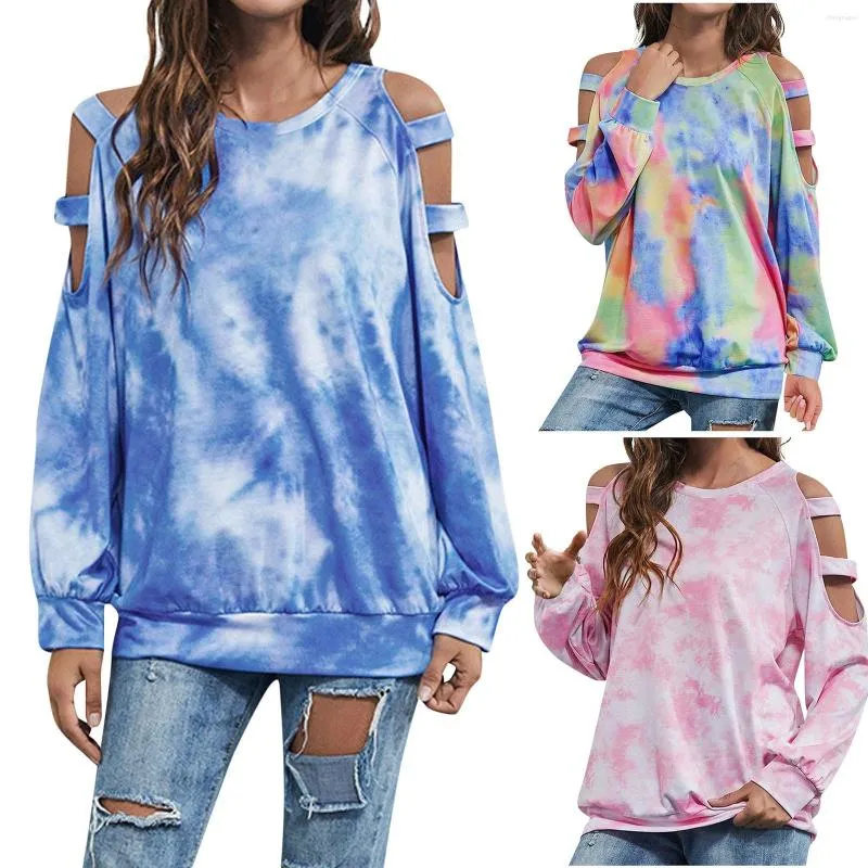 Kvinnors t-skjortor ihåliga ut tie-dye tryck ropa de mujer 2023 o-hals pullover gröda toppar kvinnliga high street kvinnor blusar och modeskjorta