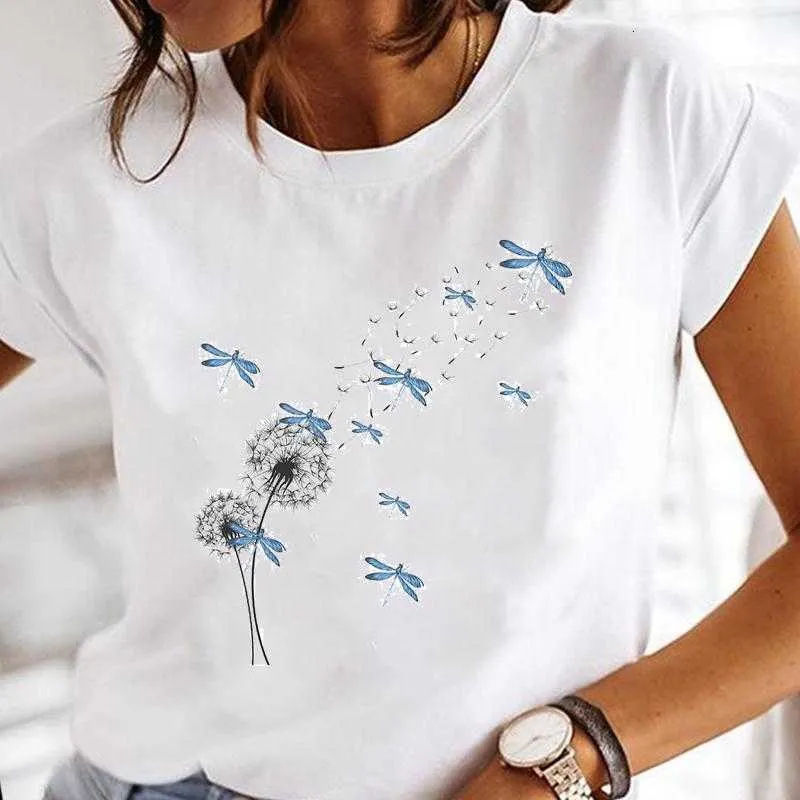 Clothes Women Print T Fashion Shirt Brand Summer Dandelion Watercolor Dragonfly Love Female Tops Tee Tshirt Cartoon Ladies Graphic T-Shirt