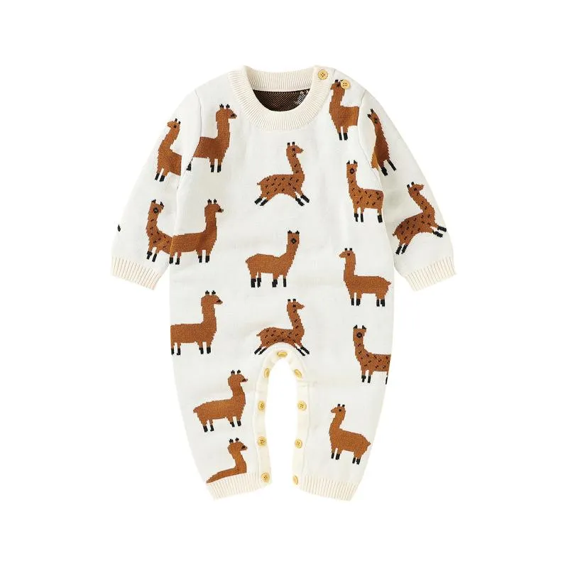 Combinaisons 2023 0-18M infantile bébé hiver automne tricoté combinaison doux alpaga motif garçons filles col rond à manches longues barboteuse tenue