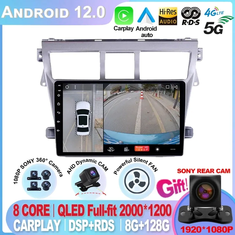 For Toyota Vios Yaris 2007 2008-2012 9 Inch 2 Din Car Stereo Radio Multimedia Video Player Android Auto Carplay GPS Navigation