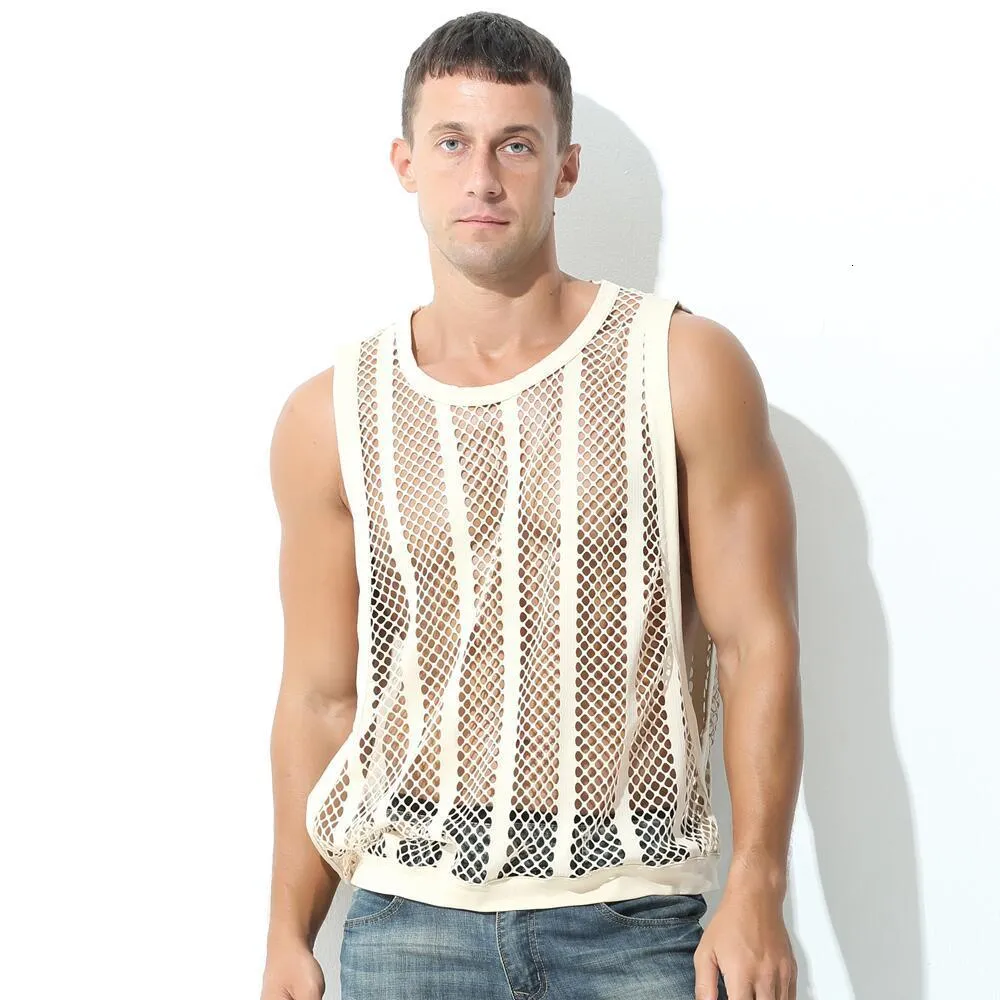 Mannen Tank Tops Mannen Mesh Mouwloze O hals See Through Vesten Side Split Sexy Kleding Tee Streetwear Sport Fitness Singlets 230522