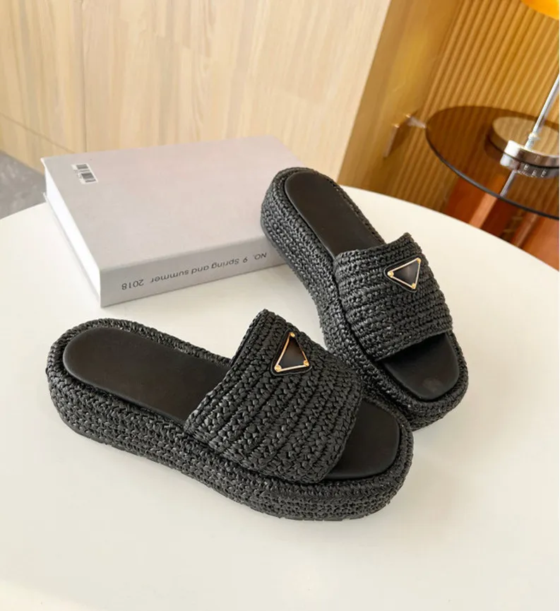 Designer Raffia Straw Slides With Triangle Buckle And Knit
