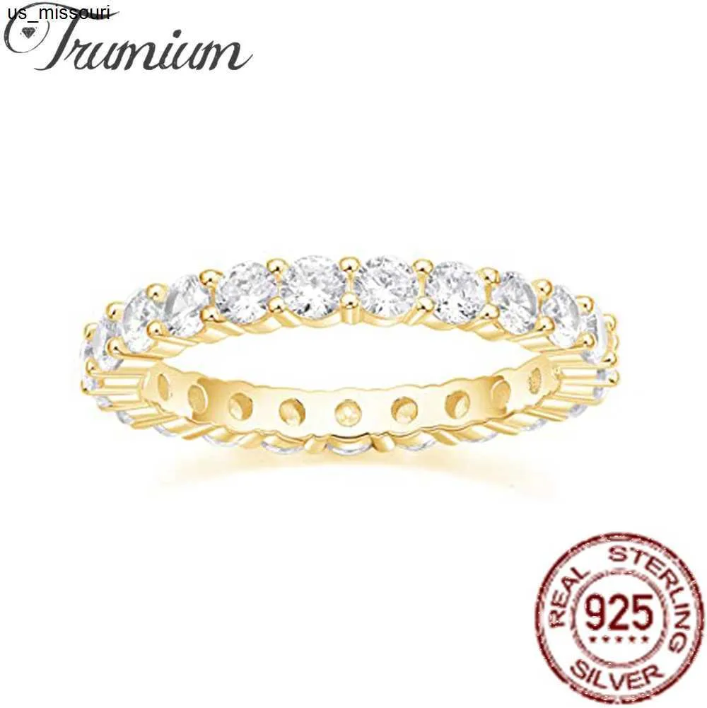 Bagues Trumium Bague Argent 925 Bague De Mariage Ronde Zircone Diamant Pleine Eternité Bague De Fiançailles Empilable pour Femmes Bijoux 2mm J230522